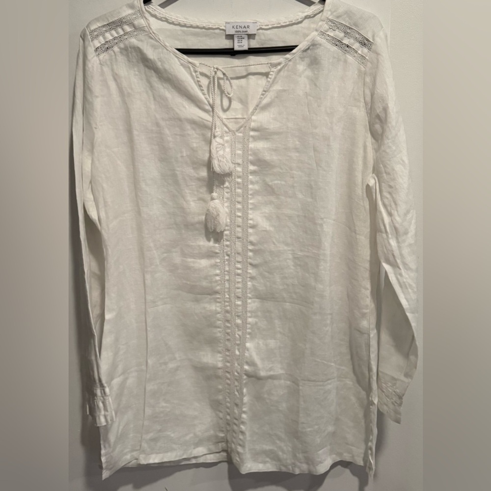Kenar 💯 linen blouse beach top vacation pull over white flowy embroidered USM